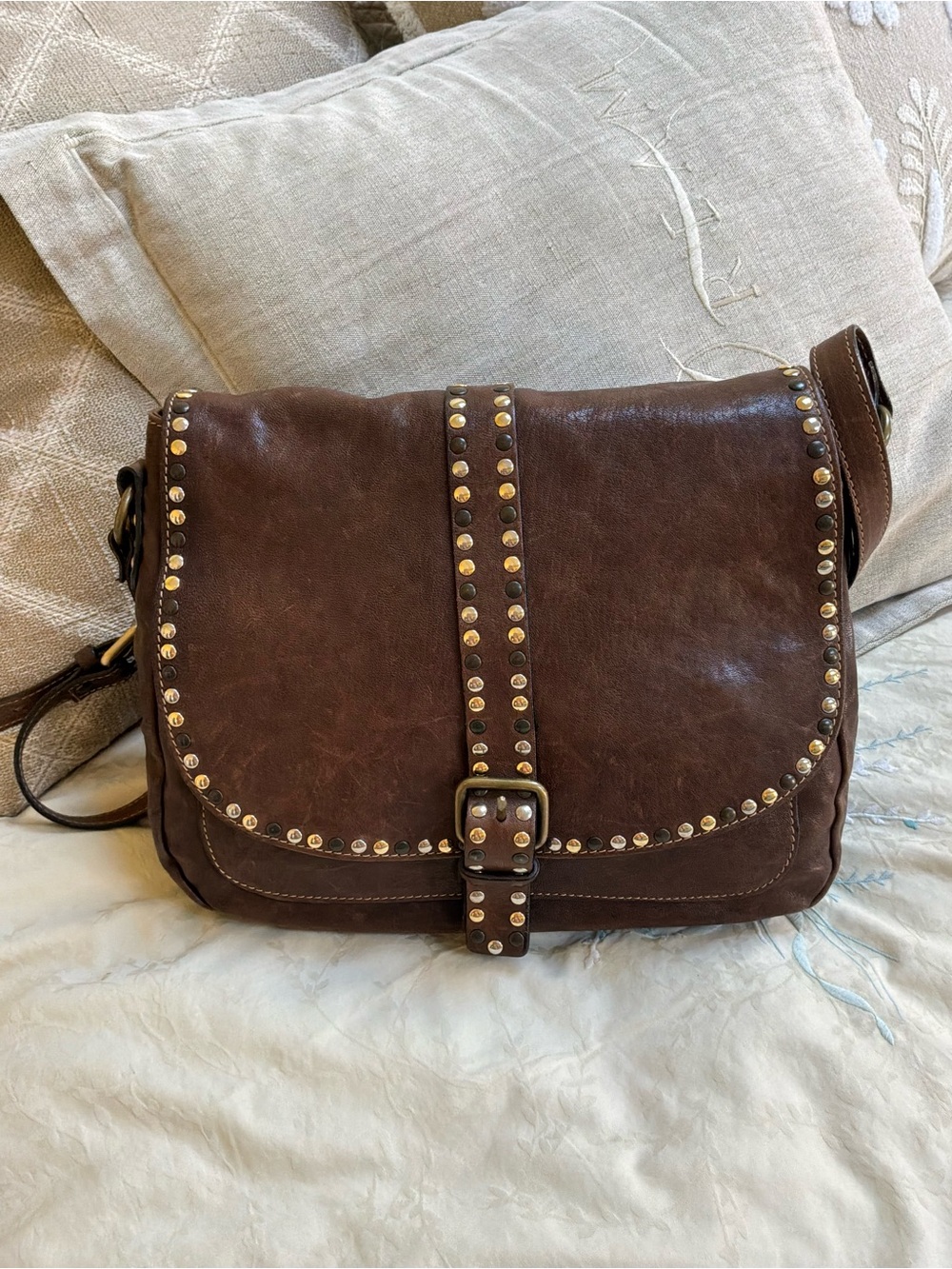 Brown Studded Leather Messenger Bag - Picture 2 of 10